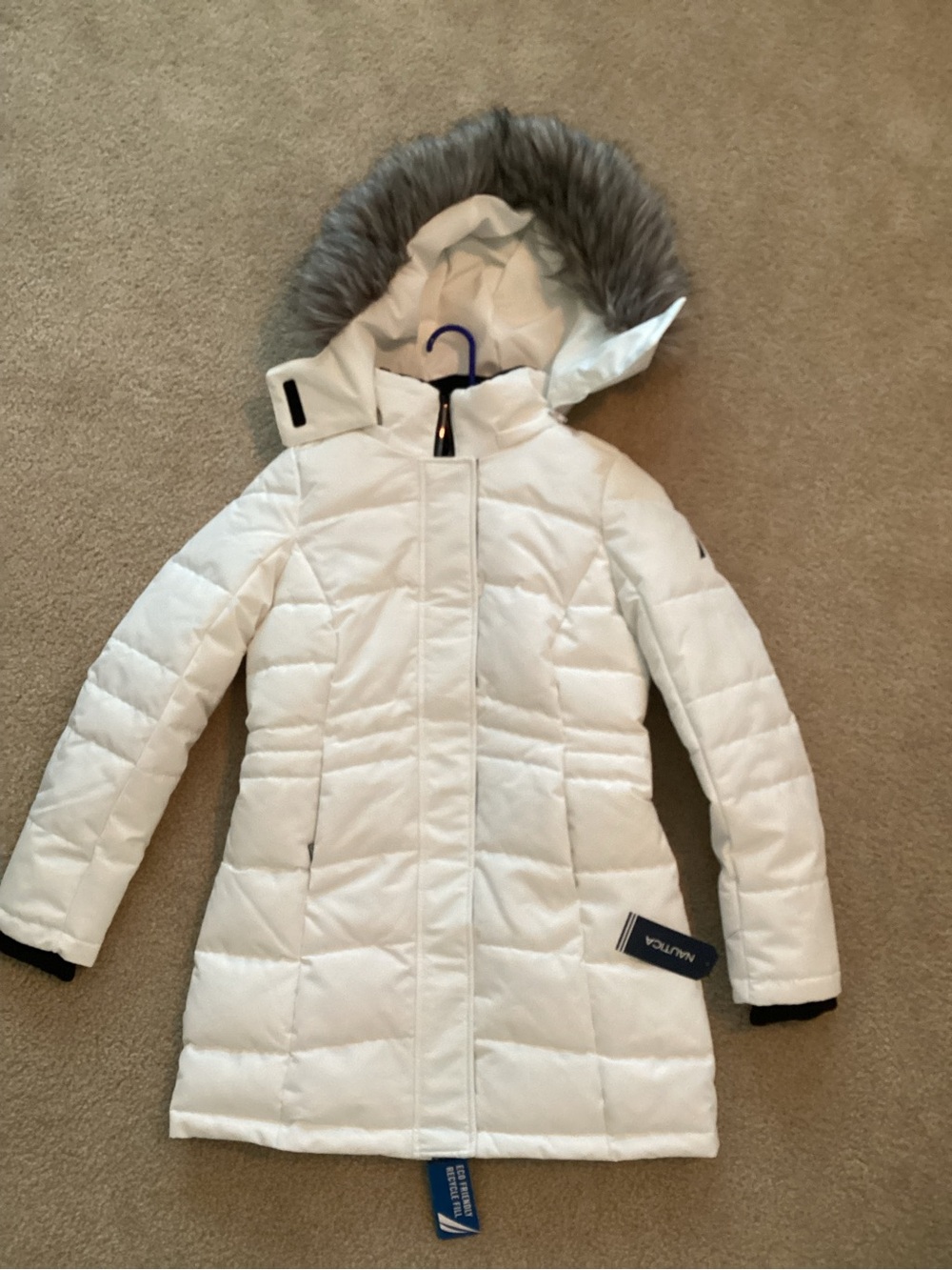 Nautica Women’s White Puffer Coat with Zip Off Faux Fur Hood, XS